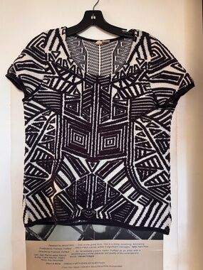 Anthropologie Moth Black Cream Geometric Textured Knit Top S